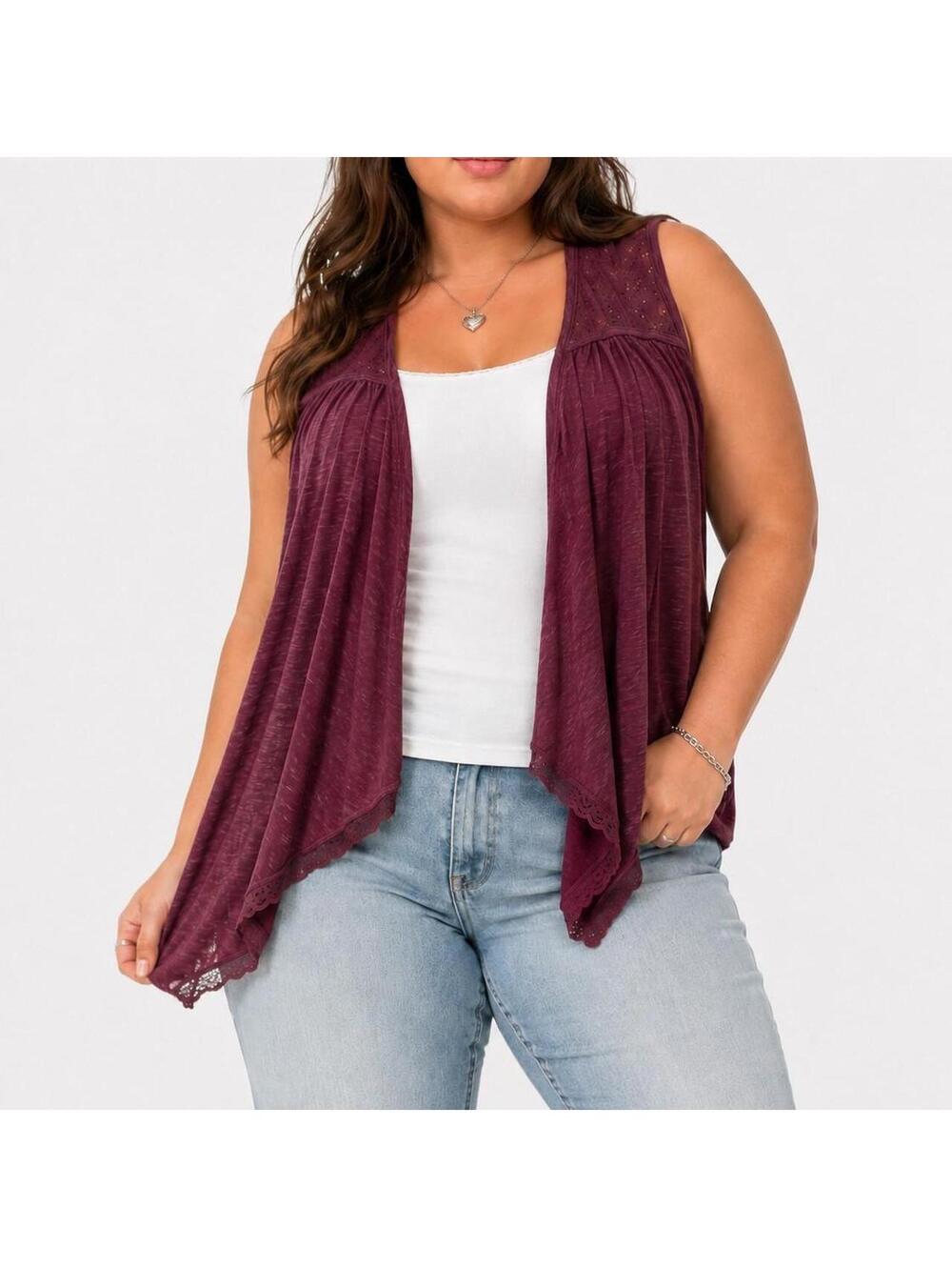 Ruff Hewn Plum Eyelet Open-Front Layering Top | Size XL
